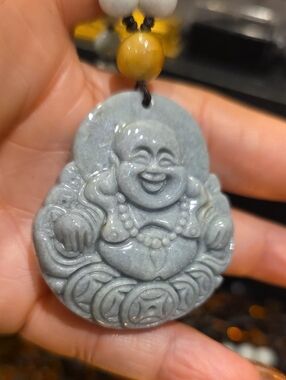 Gray Jade Laughing Buddha Pendant Necklace with Yellow Bead Accent